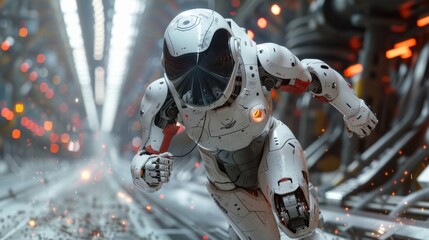 Aufkleber - A robot is running through a space station. The robot is wearing a white suit and has a helmet on. The space station is filled with bright lights and the robot is the only one moving