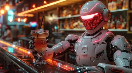 Poster - A robot bartender is holding a glass of beer in front of a bar. The robot is wearing a red helmet and has a neon light on its head. The bar is dimly lit, giving it a cool and futuristic vibe