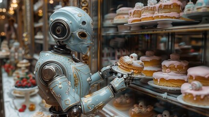 Leinwandbilder - A robot is holding a plate of donuts in a store. The robot is surrounded by many different types of donuts, cakes, and other pastries. The scene is whimsical and playful