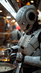 Aufkleber - A robot is cooking food in a kitchen. The robot is white and has a blue face