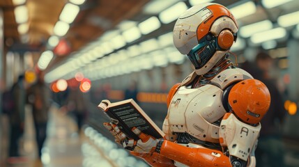 Aufkleber - A robot is reading a book in a subway station. The robot is orange and white