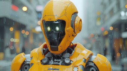 Aufkleber - A robot with a yellow helmet stands in a city street. The robot is wearing a black suit and has a green light on its face. The robot appears to be a part of a futuristic cityscape