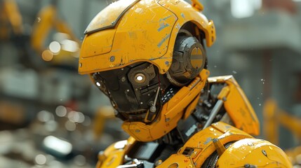 Aufkleber - A robot with a yellow helmet and a yellow body. The robot is standing in front of a building