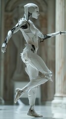 Aufkleber - A robot is walking in a white room. The robot is made of metal and has a human-like appearance. The robot is walking with its arms outstretched, giving the impression of movement and life