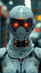 Aufkleber - A robot with orange eyes and a white helmet. The robot is standing in a room with a red wall