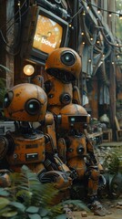 Fototapete - Three robots are sitting on the ground in front of a sign that says 