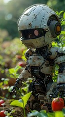 Aufkleber - A robot is standing in a garden with a tomato in its hand. The robot is wearing a helmet and has a metallic appearance. The scene is set in a lush green garden with various plants and flowers