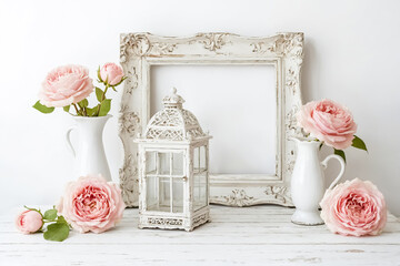 Sticker - Pink Roses and White Vintage Decor on a Whitewashed Wooden Table