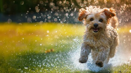 Wall Mural - A dog is running through the grass and getting wet