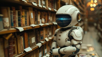 Leinwandbilder - A robot is standing in a library with bookshelves full of books. The robot is white and has a blue face. The scene is a mix of science fiction and reality