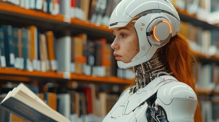 Aufkleber - A woman in a white robot suit is reading a book in a library. The robot suit is designed to look like a human, with a red ponytail and a white helmet. The scene is set in a library