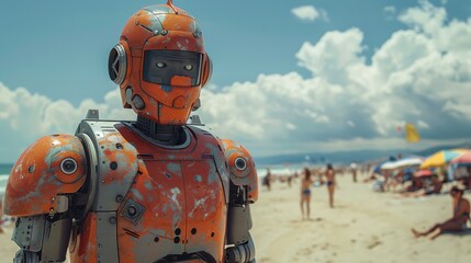 Aufkleber - A robot is standing on a beach with people around it. The robot is orange and has a metallic appearance. The beach is crowded with people, some of whom are sitting under umbrellas