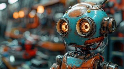 Aufkleber - A robot with a blue head and orange body stands in front of a wall of tools. The robot's eyes are glowing, giving it a creepy, futuristic appearance. The scene suggests a workshop or a factory setting