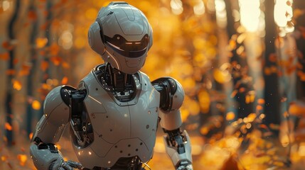 Aufkleber - A robot is standing in a forest with leaves on the ground. The robot is wearing a white helmet and has a black face. The robot is surrounded by a lot of leaves, which gives the scene a natural