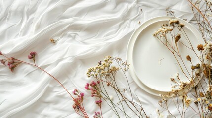Wall Mural - Dried flowers and plate on white backdrop