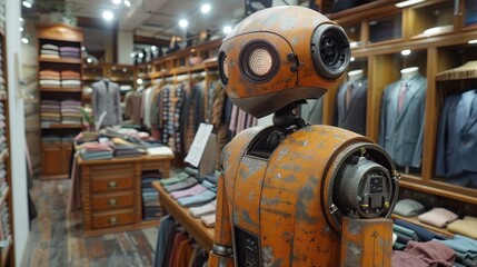 Aufkleber - A robot is standing in a store with clothes on display. The robot is orange and has a creepy appearance. The store is filled with clothes and has a vintage feel to it