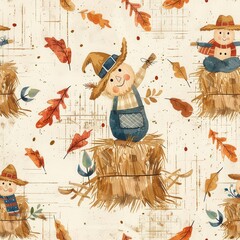 Wall Mural - A pattern of pumpkins and leaves with a scarecrow in the middle. The scarecrow is smiling and holding a basket