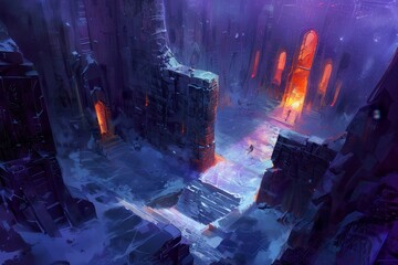 Wall Mural - Frozen Cityscape with Glowing Doorway