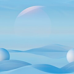 Wall Mural - A digitally rendered abstract landscape featuring two white spheres resting on a horizon of soft, blue, undulating waves. A large, pale blue orb hovers above the landscape, seemingly dissolving into t