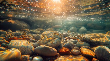 Poster - A rocky riverbed with a sun shining on the water. The sun is reflecting off the water and the rocks, creating a beautiful and serene scene