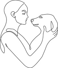 Wall Mural - Woman with Dog Continuous One Line Drawing. Woman and Dog Profile Abstract Line Drawing. Logo Wet Design Minimalist Illustration. Vector EPS 10.