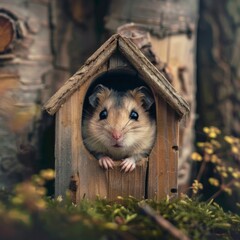 Wall Mural - A hamster is in a small wooden house