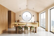 © ImageFlow - Modern home kitchen interior with dining table and cabinet, panoramic window