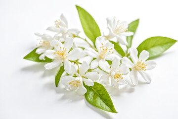 Wall Mural - Delicate White Blossoms with Green Leaves