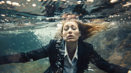 Wall Mural - Work overpressure and stress concept image. Young business woman wearing a suit is drowning underwater.