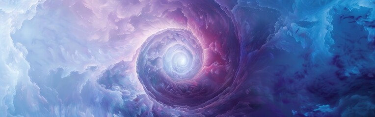 Poster - A vibrant, digitally-created image of swirling clouds in shades of purple and blue. The clouds form a vortex, creating a tunnel-like effect that leads to a bright white light. The clouds are illuminat