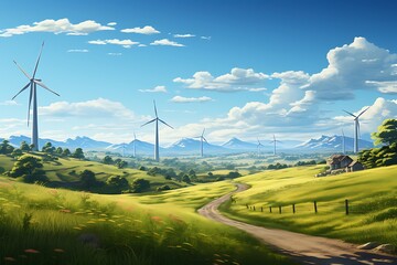 Wall Mural - wind turbines on the meadow. renewable energy concept. 3d rendering