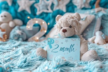 Wall Mural - Card with the inscription 2 month lies on the bed with blue bedding in honor of the child's birthday. Two months old little girl baby. A postcard with congratulations for the parents of small child.