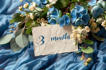 Wall Mural - Card with the inscription 3 month lies on the bed with blue bedding in honor of the child's birthday
Three months old little girl baby. A postcard with congratulations for the parents of a small child