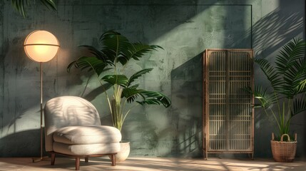 Poster - Grey armchair lamp plant and screen next to green wall