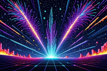 Wall Mural - abstract wireframe Pixel cosmic background hyper jump, speed of light, firework