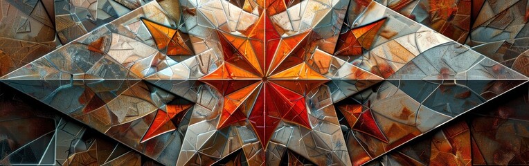 Wall Mural - A close-up image of an abstract geometric artwork depicting a starburst pattern with a red, orange, and silver color scheme. The artwork has a metallic, shiny finish, giving the appearance of a mosaic