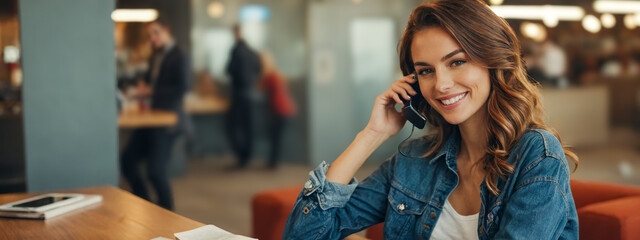 Sticker - Corporate employee in business suit, interacting with client over phone, female worker in modern office, exemplifying customer service, client interaction at work, desk job in contemporary workplace