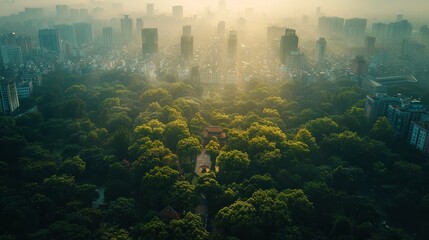 Wall Mural - A city skyline is visible in the background with a forest in the foreground