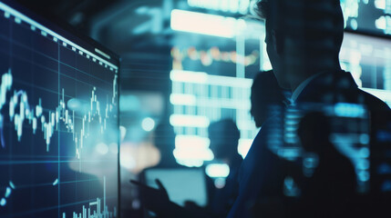 A professional examines financial graphs on a large screen in a dark, futuristic office interior filled with blue-tinted ambient light.