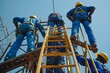 © Banstanks - Construction Workers Assembling Scaffolding at Height, assembling scaffolding at considerable height