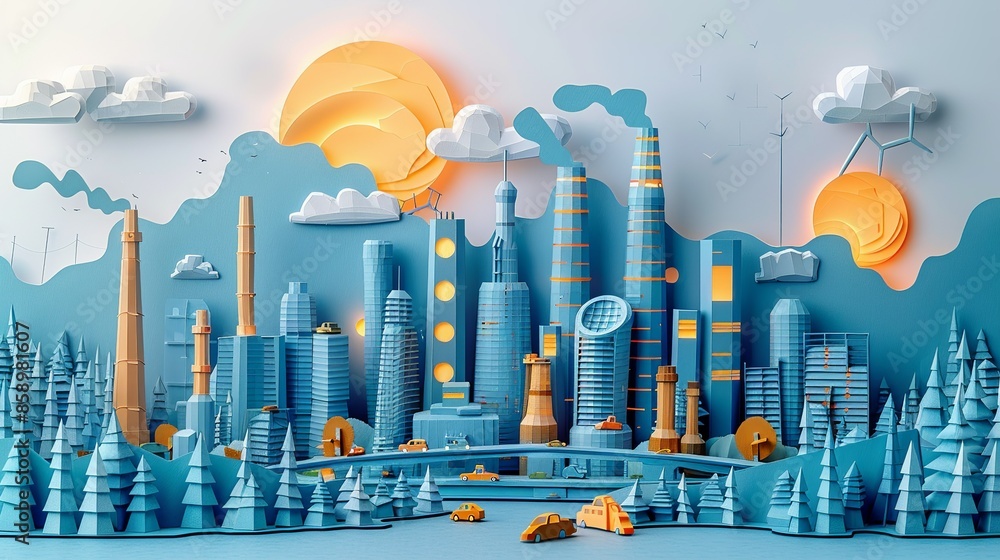 Detailed paper craft depiction of a modern city with advanced ...