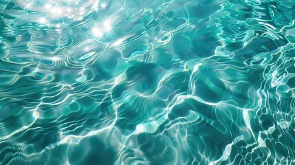 Wall Mural - A close-up view of the surface of a calm, turquoise pool. Sunlight reflects off the water, creating shimmering, wavy patterns. The water appears serene and inviting, perfect for a relaxing swim on a s