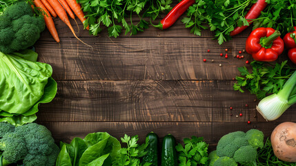 Frame top view of fresh green vegetables on wooden background. Peppers, broccoli, lettuce, arugula, parsley, copy space. healthy food concept
