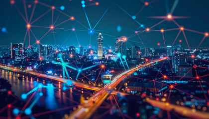 Wall Mural - Abstract smart city lights by night, river bridge, network connectivity, technology, telecommunications