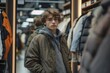 © Thanyaporn - A young man trying on a new jacket in front of a store mirror. The fitting room is modern and well-lit, showcasing the process of selecting the right piece of clothing.