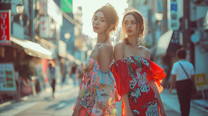 Wall Mural - portrait of beautiful Japanese fashion models wearing luxury high fashion dresses on the street