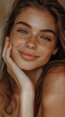 Sticker - Indoor close-up of a young woman with freckles, highlighting her natural beauty against a soft light background.