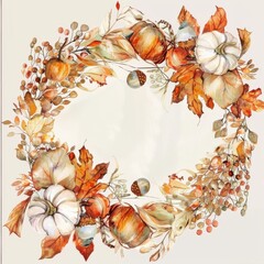 This image is a watercolor painting depicting an autumn wreath. The wreath is made of pumpkins, leaves, and acorns, all painted in warm shades of orange, brown, and yellow. The background is a soft wh