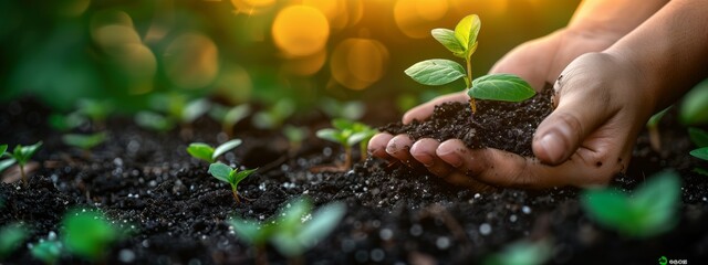 Wall Mural - Gentle hands plant seedlings, nurturing growth and providing nourishment for development