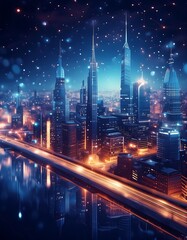 Wall Mural - An illustration or animation of a cityscape at night, with lights shining brightly